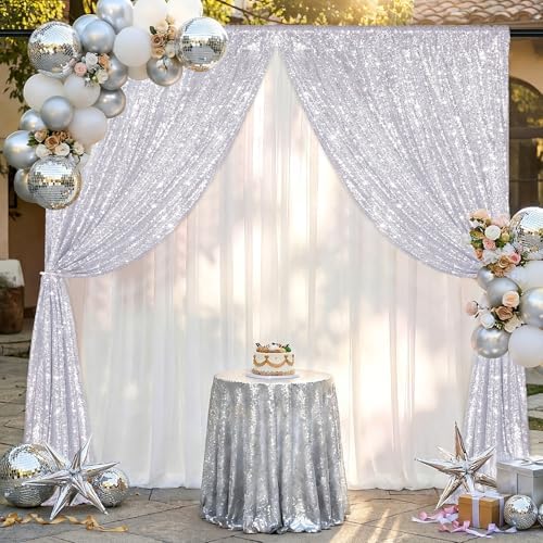 Silver Backdrop Curtains 2 Pieces 5FTx10FT Sequin Backdrop Decor for Party Wedding Christmas Background - Image 2