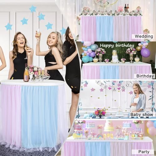 9ft Pink and Blue Table Skirt for Gender Reveal Tulle Tutu Table Cloths Cover for Baby Shower Boy or Girl Birthday Party Dessert Buffet Banquet Table Decorations - Image 2