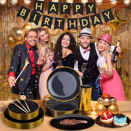 ejonirinjonir 180pcs Elegant Black Plastic Plates for Wedding, Gold Trim - Image 5
