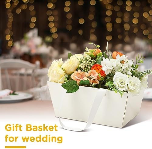 Tuanse 30 Pcs Basket for Gift Empty DIY Bulk Gift Basket Kit with Handle Kraft Cardboard Tray with 30 Bag 30 Bow Market Tray for Wedding Party, White, 9.8 x 6.5 x 4.3 in - Image 5