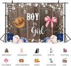 15x8ft Gender Reveal Backdrop Boy or Girl Photography Background Hat Bow Pink Blue Flowers Leaves Glitter Dots Wood Baby Shower Banner Decorations Newborn Birthday Party Photo Booth Prop - Image 3