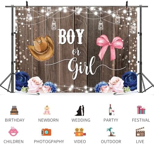 15x8ft Gender Reveal Backdrop Boy or Girl Photography Background Hat Bow Pink Blue Flowers Leaves Glitter Dots Wood Baby Shower Banner Decorations Newborn Birthday Party Photo Booth Prop - Image 3