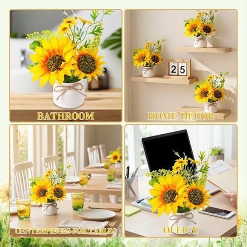 Zeyune Artificial Sunflower Potted Plants Rustic Wedding Table Centerpieces Summer Spring Kitchen Silk Yellow Flower with Plastic Pot for Home Bathroom Office Bridal Shower(24 Pcs,White,Sunflower) - Image 4