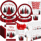 Funnymoom 452 Pcs Christmas Tree Party Supplies for 50, Red Buffalo Plaid Gingham Christmas Paper Plates Napkins Cups Tablecloth Cutlery Straws Tableware Set for Xmas Holiday Party Decorations by Funnymoom