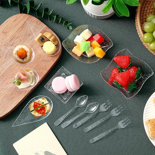 Tessco for you 800 Pcs Mini Appetizer Plates Glitter Style Clear, Silver - Image 3