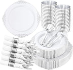 Hioasis 210 Pcs White Silver Plates for Party by Hioasis