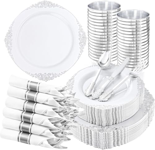 Hioasis 210 Pcs White Silver Plates for Party by Hioasis
