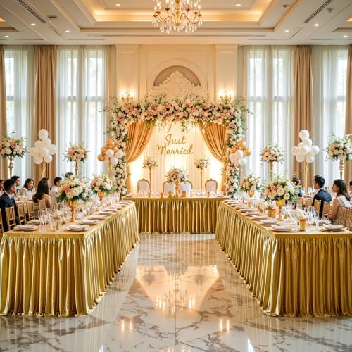 14ft Length Dark Gold Satin Table Skirt for Rectangle Tables-Wrinkle Resistant Ruffle Table Skirting Glitter Desk Cover Skirt for Birthday Party Wedding Banquet Display Gift Dining Table Decorations - Image 3
