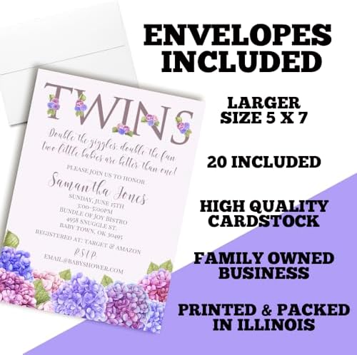 Amanda Creation Custom Baby Shower Invites Watercolor Hydrangea Baby Shower Invitation for Twins 20 5x7 Personalized Invites With Envelopes - Image 6