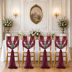 QueenDream Burgundy Chair Sashes Wedding: 50 Pieces Long Sheer Wedding Aisle Chair Decorations Tulle Chairs Covers with Artificial Eucalyptus - Image 5