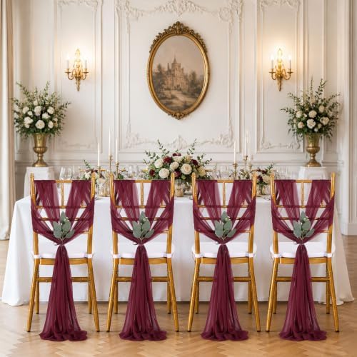 QueenDream Burgundy Chair Sashes Wedding: 50 Pieces Long Sheer Wedding Aisle Chair Decorations Tulle Chairs Covers with Artificial Eucalyptus - Image 5