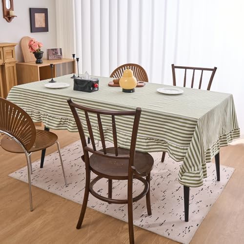vctops Farmhouse Sage Green Stripe Ruffle Table Cloth, Boho Cotton Linen Tablecloth, Washable Table Cover for Rectangle Table Baby Shower Kitchen Party Wedding Decor (Green B,55"x118") - Image 3