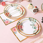 350PCS Floral Paper Plates Set, Disposable Plates With Gold Rim Serve 50 Guests, Party Supplies for Adults Garden Tea Party Bridal Shower Decorations - Image 6