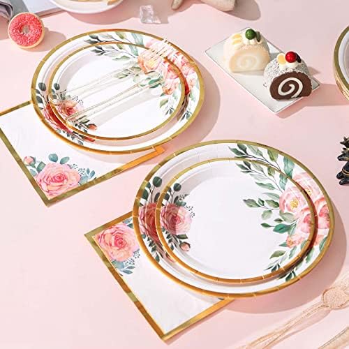 350PCS Floral Paper Plates Set, Disposable Plates With Gold Rim Serve 50 Guests, Party Supplies for Adults Garden Tea Party Bridal Shower Decorations - Image 6