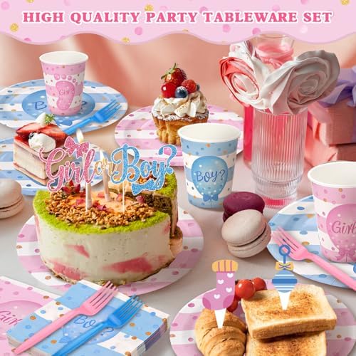 190 Pcs Gender Reveal Party Decorations Kit (Serves 24 Guests), Include Plates and Cups and Napkins Sets with Forks and Banner, Girl or Boy Baby Gender Reveal Party Supplies - Image 6