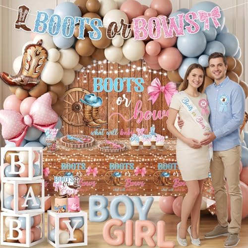 Boots Or Bows Gender Reveal Decorations, 313pcs Western Gender Reveal Decorations Plates and Napkins Cups Banner Backdrop Tablecloth Cake Topper Balloon for Boots Or Bows Gender Reveal Party Supplies - Image 2