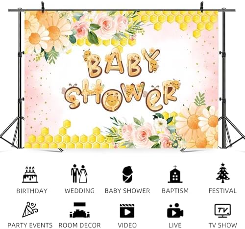 10x7ft Baby Shower Backdrop Bee Flower Honeycomb Floral Pink Yellow Background for Girl Baby Shower Party Decoration Cute Bee Themed Photo Booth Banner - Image 5