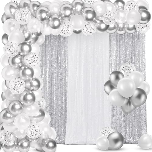 SmoothNovelty 137 Pcs White Silver Sequin Curtains Balloon Garland Kit by SmoothNovelty