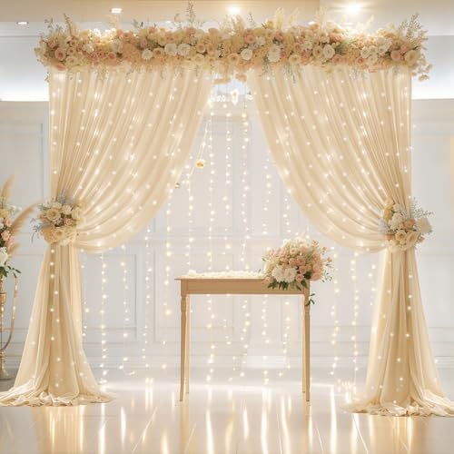 10x10ft Champagne Backdrop Curtain with Lights String for Wedding Sheer Tulle Chiffon Curtain Photo Backdrops Drapes for Baby Shower Birthday Party Home Ceremony Decorations - Image 2