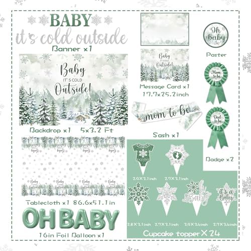 Baby It’s Cold Outside Baby Shower Decorations, Green Winter Baby Shower Decorations Winter Wonderland Tablecloth Banner Backdrop Balloon Box Cupcake Topper Hanging Swirl for Boy Girl Gender Reveal - Image 7