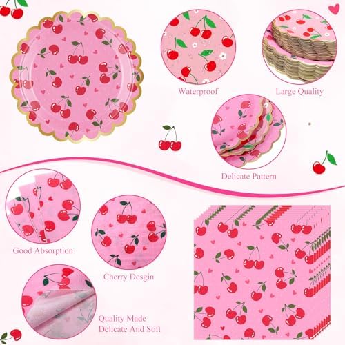 Funnymoom 400 Pcs Cherry Party Supplies for 50 Guest Cute Fruit Birthday Disposable Plates Napkin Cup Spoon Fork Knives for Summer Picnic Wedding Birthday Baby Shower Bridal Party Supplies - Image 3