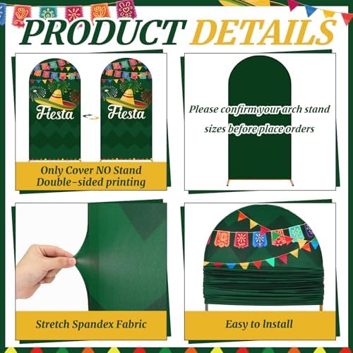 Chunful 3 Pcs Cinco de Mayo Fiesta Party Arch Backdrop Cover Mexican Photo Background Decor 2-Sided Round Top Mexican Cute Backdrop Arch Cover for Fiesta Party Decoration 6 ft/5 ft/4 ft (Green) - Image 3