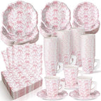 Pickmesh 252 Pcs Pink Bow Floral Tea Party Supplies for 36 Guests Flower Paper Disposable Dinnerware Flower Teacup with Handle and Saucers Set for Tea Party Decorations Birthday Baby Shower Wedding by Pickmesh