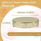 12 Inch Luxury Gold Cake Stand, Round Metal Dessert Display with Ornate Filigree Lace, Dual-Coated Premium Finish for Wedding, Anniversary & Elegant Home Decor - Image 3