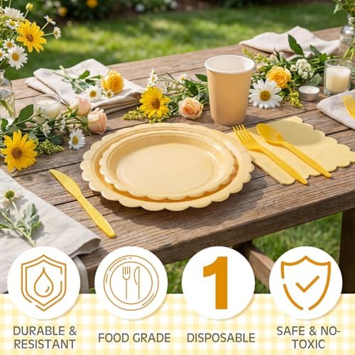 Ziliny 350 Pcs Light Yellow Plates and Napkins, 50 Guest Spring Easter Party Supplies Include Scalloped Paper Plates Napkins Cups Plastic Spoons Forks Knives Disposable Tableware Set for Baby Shower - Image 3