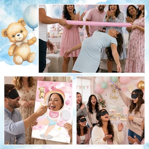 Cinrobiye 6 Set Baby Shower Games Kit Feed the Baby Shower Game with Pacifier Fishing Game, Balloon Baby Bump Limbo Challenge, Blindfold Team Party Activities for Gender Reveal Baby Shower - Image 7