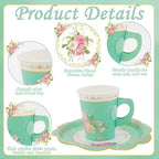 200Pcs Floral Tea Cups and Saucers for Tea Party Supplies, Disposable Tea Cups with Handle and Paper Napkins Dinnerware for Floral Theme Birthday Wedding Bridal Shower Baby Shower(Green) - Image 3