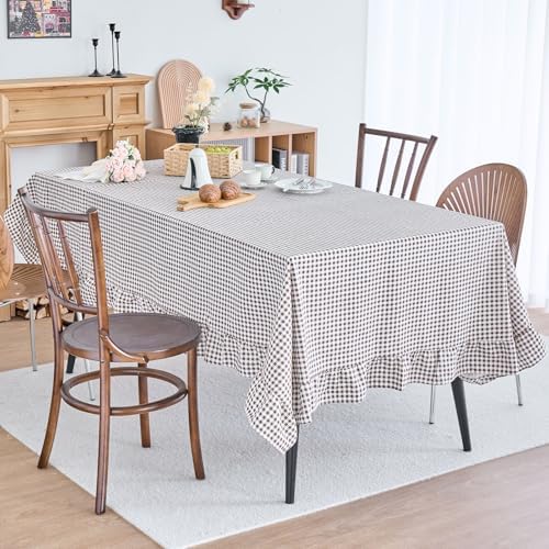 vctops Farmhouse Coffee Plaid Ruffle Table Cloth, Boho Cotton Linen Tablecloth, Washable Table Cover for Rectangle Table Baby Shower Kitchen Party Wedding Decor (Coffee,55"x118") - Image 3