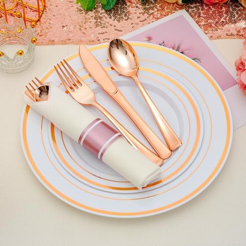 100 Pack Pre Rolled Rose Gold Plastic Silverware Set with Napkins,Disposable Wrapped Heavy Duty Cutlery Set for Wedding Birthday Party-100 Forks,Knives,Spoons,Utensils Set,Plasticware Bulk - Image 4