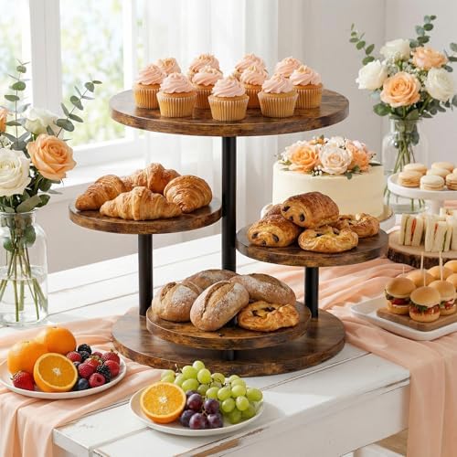 Cupcake Stand 4 Tier for 50 Cupcakes Wooden Cake Stand 360°Rotatable Dessert Stands Round Cookie Tiered Tray Stand for Party Birthday Wedding Baby shower Afternoon Tea Dessert Table, Brown - Image 6
