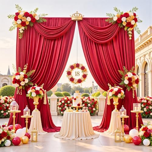 20ftx12ft Wrinkle Free Red Backdrop Curtains for Parties, 4 Panels 12FT Long Silky Red Photo Backdrop Drapes Back Drop Cloth for Wedding Birthday Photography Background Decor - Image 3