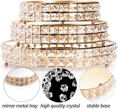 Goaste 3 Pack Crystal Cake Display Stand with Mirror, 14" 12" 10" Metal Pedestal Gold Round Cake Plate Stand, Dessert Cookies Fruit Serving Tray with Shining Crystal Beads for Wedding, Birthday Party - Image 3