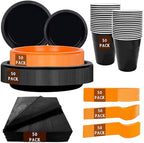 MirthMood 350PCS black and orange Plastic Plates,Black Disposable Plates –Plastic Plates Set Includes 50 Dinner,50 Dessert Plate,50 Cup&50 Napkins, 50 orange Silverware for Parties&Thanksgiving by LUODA