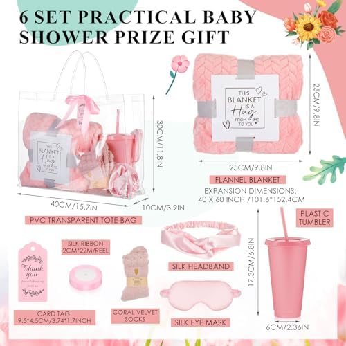 Nuogo 6 Set 43 Pcs Baby Shower Prizes for Game Winners Baby Shower Favors Gifts Include Plastic Tumbler Blanket Eye Masks Silk Headband Bag Socks Tag Ribbon, Bridal Player Winners Game Gifts (Pink) - Image 2