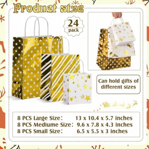 Humyoun 24 Pack Christmas Paper Gift Bags Bulk Assorted Sizes, White,Gold - Image 2