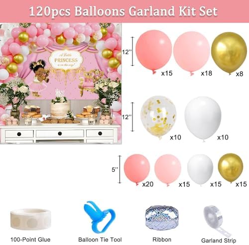 Yuzioey 266pcs Royal Princess Baby Shower Decorations, Black Princess Baby Shower Supplies, Gold Pink Balloon Garland Kit, Disposable Dinnerware (Serve 24 Guests) Plates, Napkins, Backdrop,Tablecloth - Image 3
