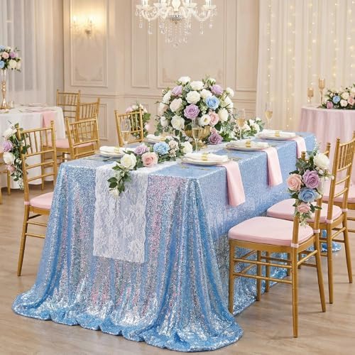 Baby Blue Sequin Tablecloth 90x156 Inch Glitter Table Cover Seamless Fabric by QueenDream