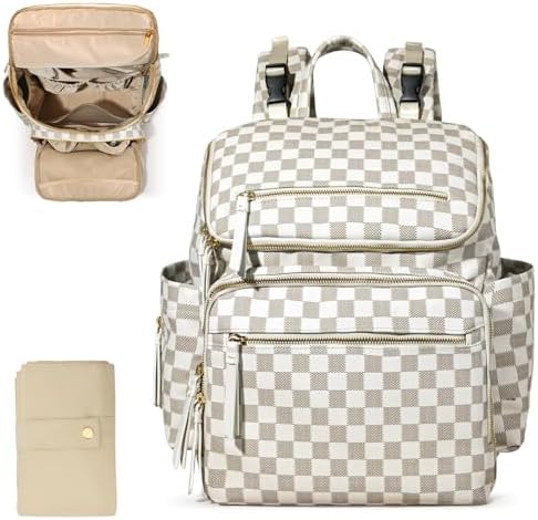 Omanmoli Checkered Diaper Bag Backpack Large Baby Diaper Bag Leather with 17 Diaper Bag Organizing Pouches,Changing Pad,Stroller Straps,4 Insulated Pockets,Beige&Honey by Omanmoli
