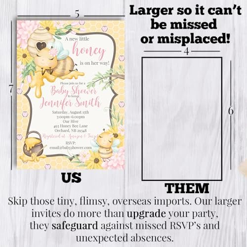 Amanda Creation Custom Honey Bee Baby Shower Invitations for Girls, Personalized Bumble Bee Invites, 20 Pack 5x7 Cards with White Envelopes - Image 7