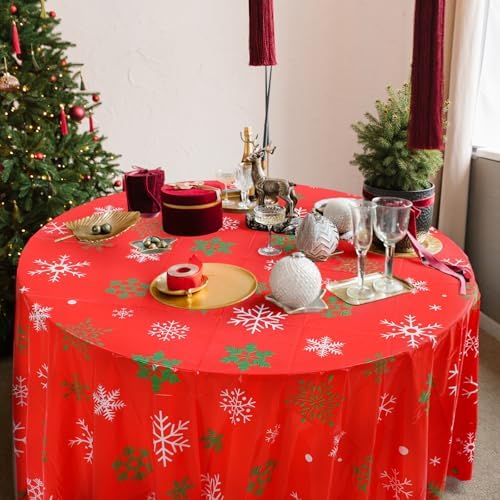 Ganeen 12 Pcs Round Snowflake Tablecloth 84 Inch Red Plastic Party Cover - Image 5