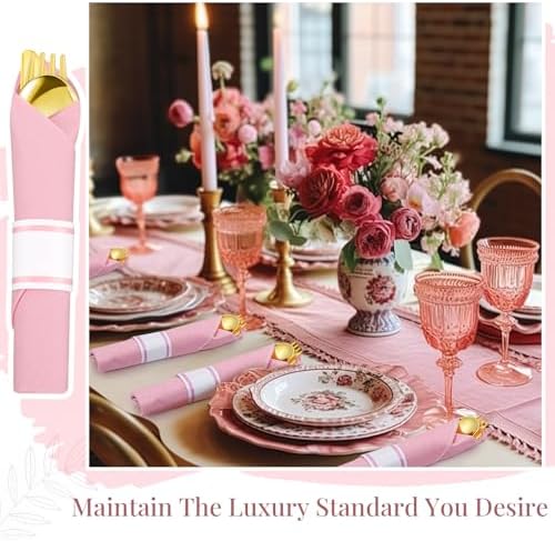 Lasnten 50 Guest Sets Pre Rolled Gold Plastic Silverware with Pink Napkins - Image 4