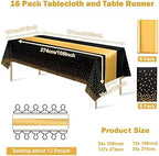 16Pack Disposable Plastic Tablecloths and Satin Table Runner Set Black Gold Dot Table Cloth Gold for Graduation Wedding Birthday Baby Shower Anniversary Holiday Party Decorations - Image 2