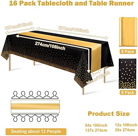 16Pack Disposable Plastic Tablecloths and Satin Table Runner Set Black Gold Dot Table Cloth Gold for Graduation Wedding Birthday Baby Shower Anniversary Holiday Party Decorations - Image 2