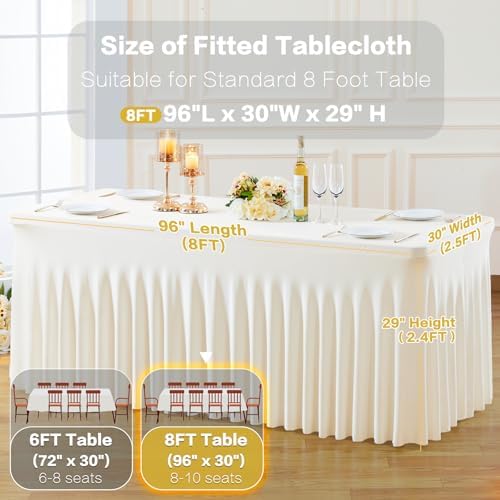 gogoparti 2 Pack Spandex Ivory Fitted Table Cloth for 8ft Rectangle Tables Ivory Stretch Tablecloth Banquet Table Covers Skirt Wrinkle Free Tablecloths for Parties Wedding - Image 5