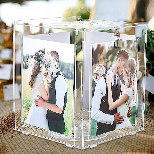 OurWarm Acrylic Wedding Card Box with Picture Frame for 8x10 Photos, Large Rotatable Envelope Post Money Gift Box Holder with Lock Slot for Reception Anniversary Graduation Birthday Party Baby Shower by OurWarm
