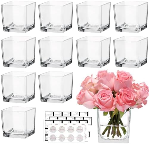 CONNOO 12 Pack 3" x 3" x 3" Clear Square Glass Vase for Centerpieces by CONNOO